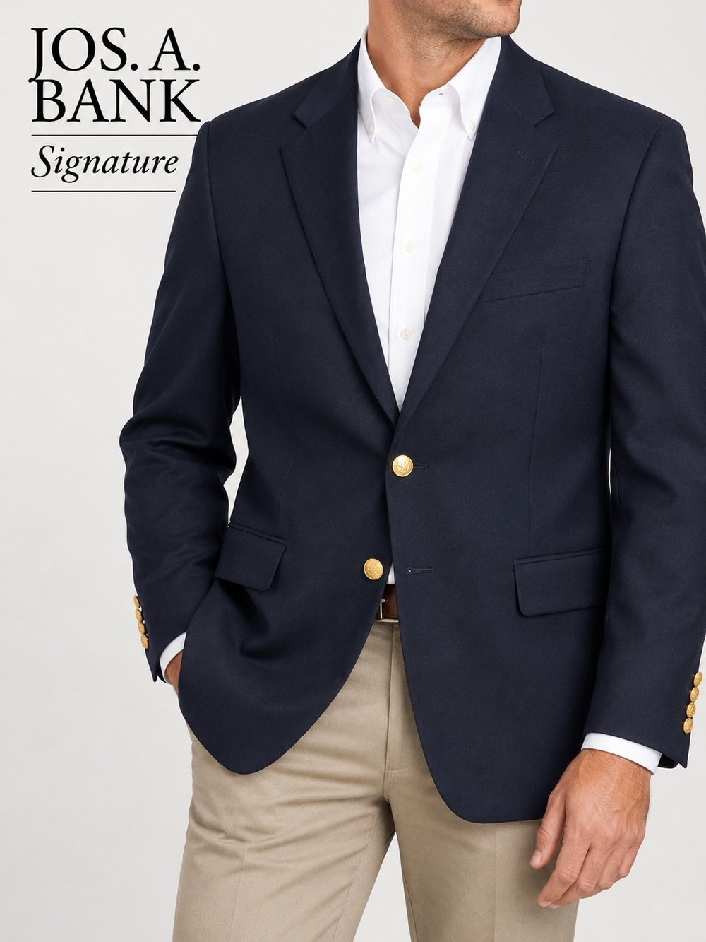 Jos A Bank Signature 50R Navy Wool Blazer Regal Fit Gold Buttons Sport Coat